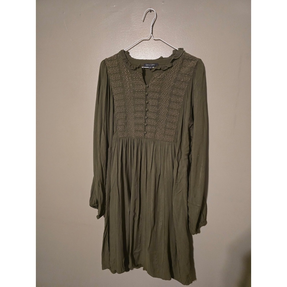 Laurel Grey Olive Green Long‎ Sleeve Embroidered Yoke Dress Size Large